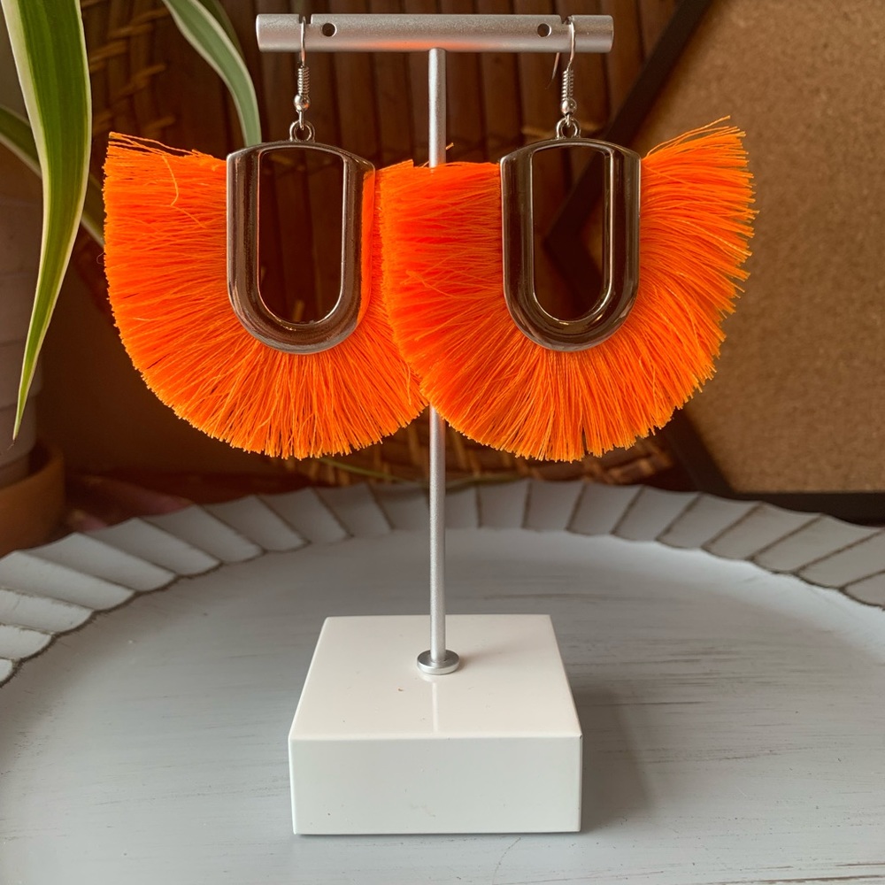 Large U Silver and Orange Colorful Tassel Earrings